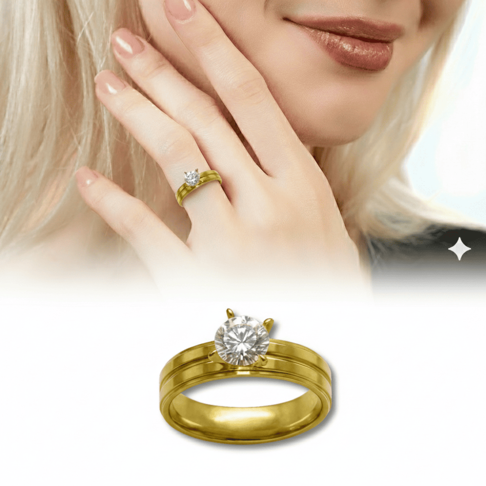 Altın Renk Zirkon Taşlı V Tasarım 316L Kalite Paslanmaz Çelik Kadın Tektaş Yüzük - 12 Ölçü - 1