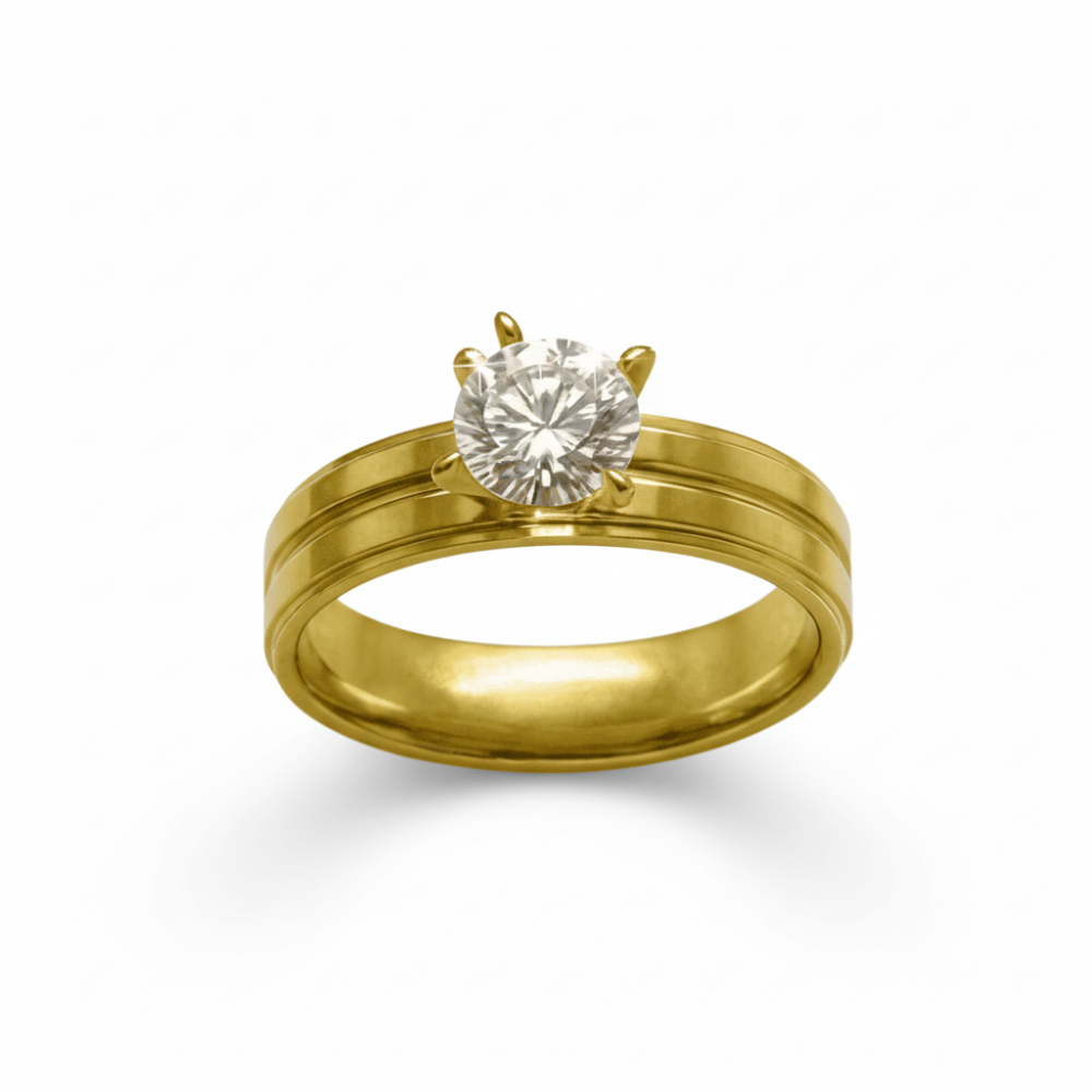 Altın Renk Zirkon Taşlı V Tasarım 316L Kalite Paslanmaz Çelik Kadın Tektaş Yüzük - 12 Ölçü - 4