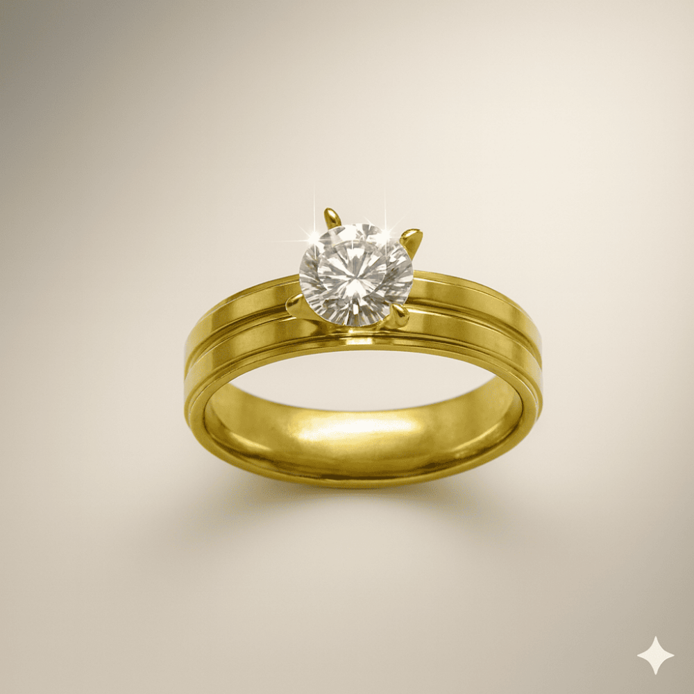 Altın Renk Zirkon Taşlı V Tasarım 316L Kalite Paslanmaz Çelik Kadın Tektaş Yüzük - 15 Ölçü - 3