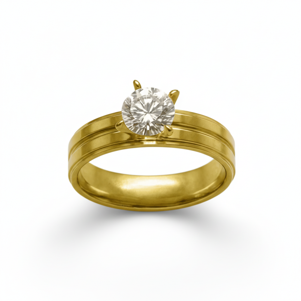 Altın Renk Zirkon Taşlı V Tasarım 316L Kalite Paslanmaz Çelik Kadın Tektaş Yüzük - 15 Ölçü - 4