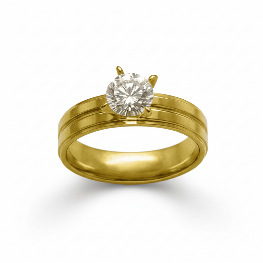 Altın Renk Zirkon Taşlı V Tasarım 316L Kalite Paslanmaz Çelik Kadın Tektaş Yüzük - 18 Ölçü - 4