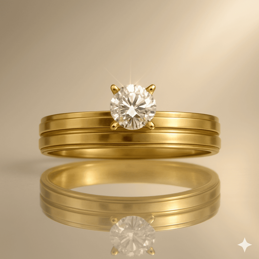 Altın Renk Zirkon Taşlı V Tasarım 316L Kalite Paslanmaz Çelik Kadın Tektaş Yüzük - 21 Ölçü - 5