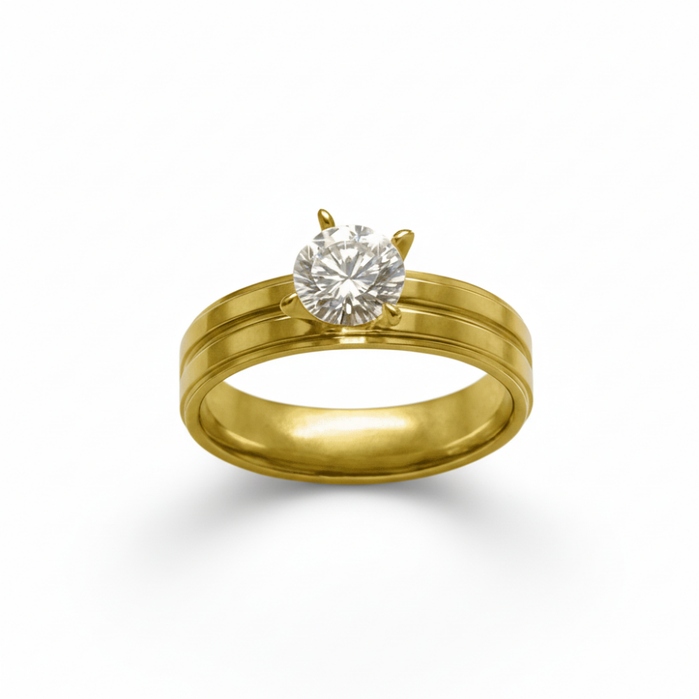 Altın Renk Zirkon Taşlı V Tasarım 316L Kalite Paslanmaz Çelik Kadın Tektaş Yüzük - 21 Ölçü - 4