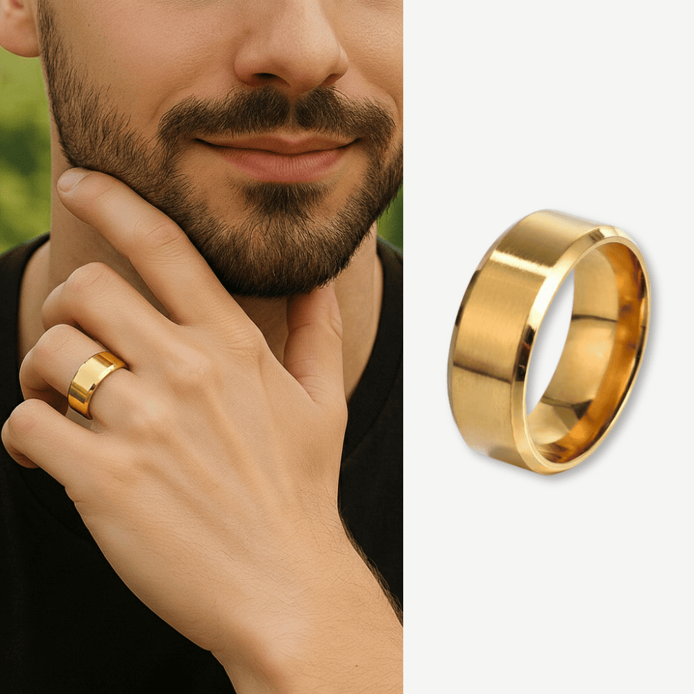 Altın Renkli 316L Kalite Paslanmaz Erkek Çelik Alyans Yüzük - 25 Ölçü - 1