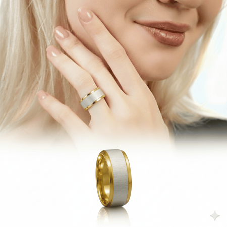 Altın ve Gümüş Renk 316L Kalite Paslanmaz Çelik Kadın Yüzük Alyans 18 Ölçü - Tesbihane