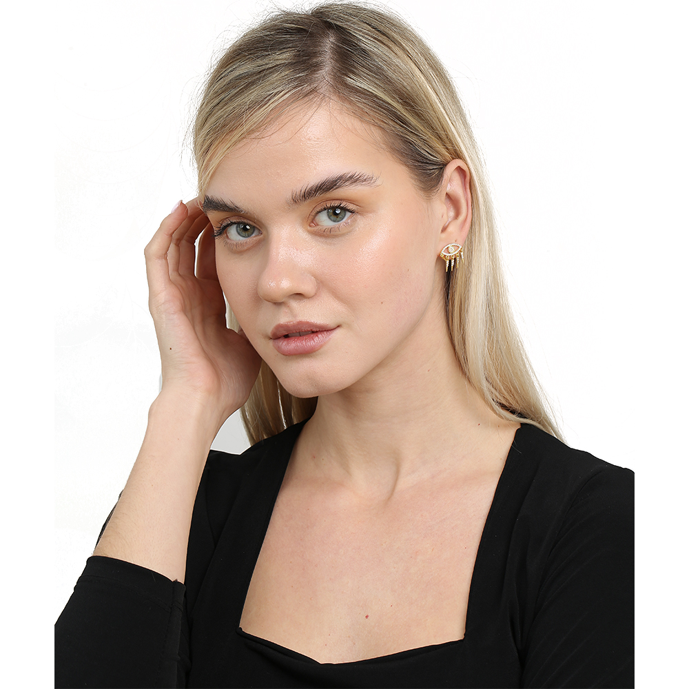 Göz Tasarım Altın Renk 925 Ayar Gümüş Kadın Küpe - 2