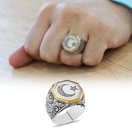 Gravür Desenli Ayyıldız Motifli Sekizgen Tasarım 925 Ayar Gümüş Erkek Yüzük - Tesbihane