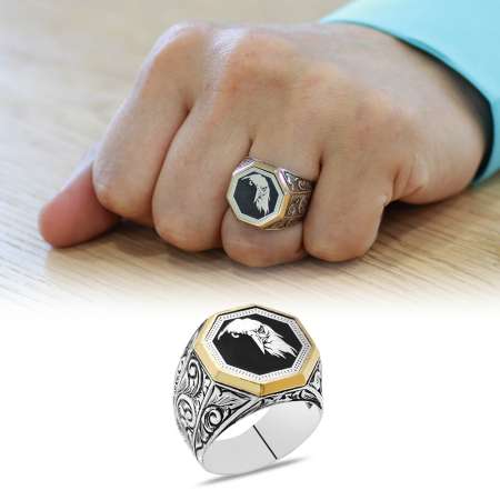 Gravür Desenli Kartal Motifli Sekizgen Tasarım 925 Ayar Gümüş Erkek Yüzük - Tesbihane