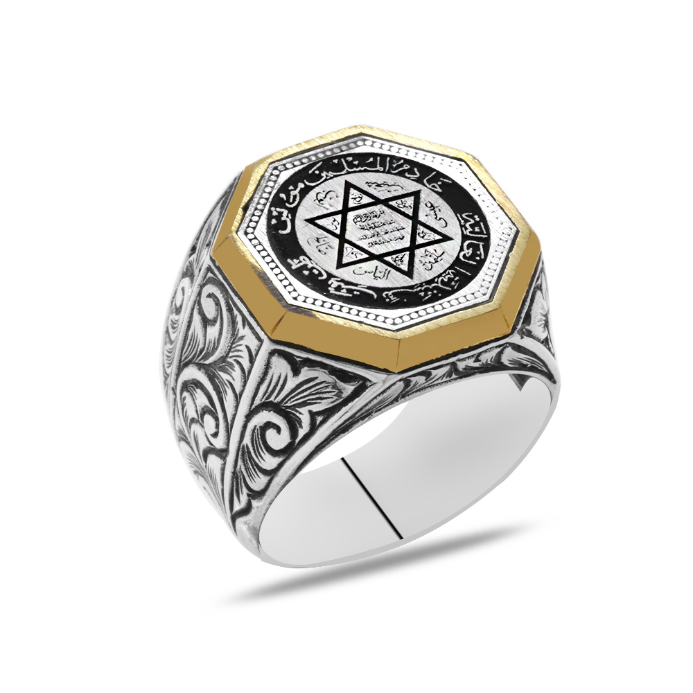 Gravür Desenli Mührü Süleyman İşlemeli Sekizgen Tasarım 925 Ayar Gümüş Erkek Yüzük - 2