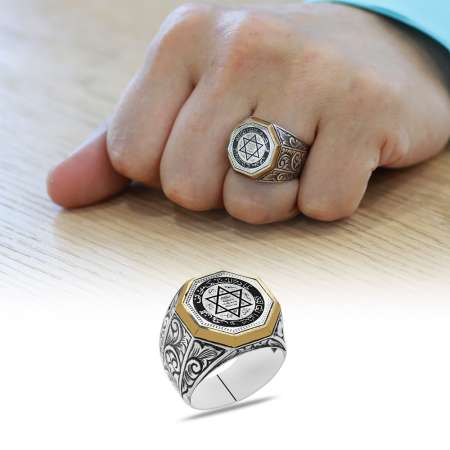 Gravür Desenli Mührü Süleyman İşlemeli Sekizgen Tasarım 925 Ayar Gümüş Erkek Yüzük - Tesbihane