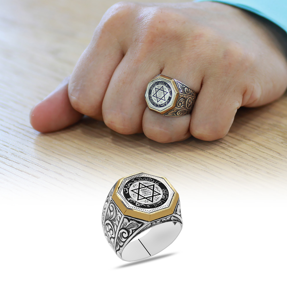 Gravür Desenli Mührü Süleyman İşlemeli Sekizgen Tasarım 925 Ayar Gümüş Erkek Yüzük - 1