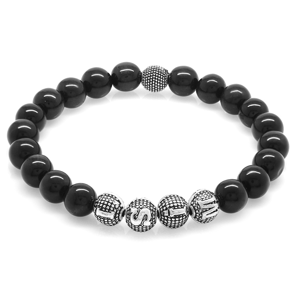 Gri Kaplan Gözü Doğaltaş Bileklik - İsme Özel Yazılı - Metal Kombinli - Küre Kesim - 3