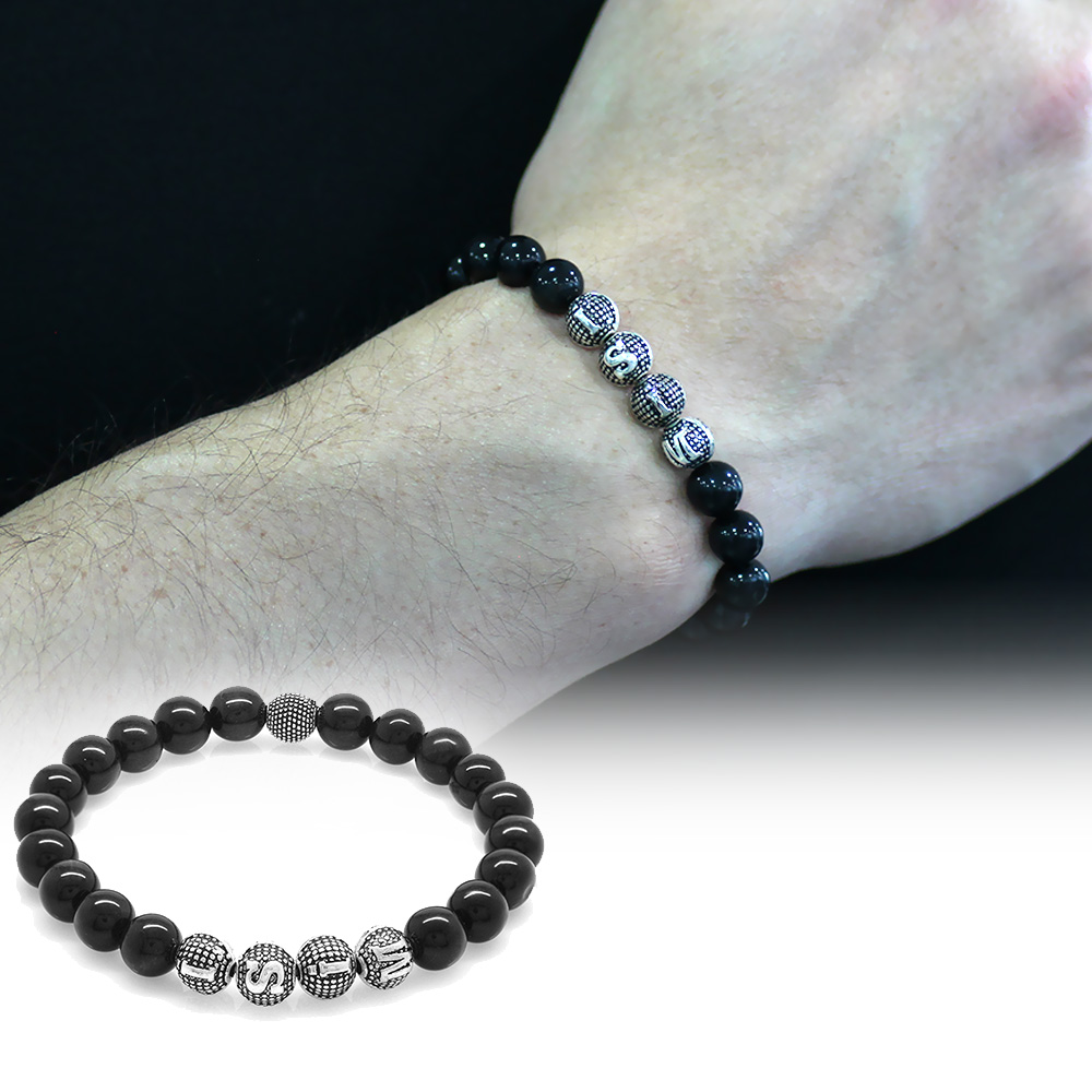 Gri Kaplan Gözü Doğaltaş Bileklik - İsme Özel Yazılı - Metal Kombinli - Küre Kesim - 1