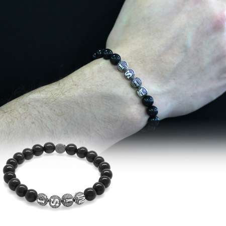 Gri Kaplan Gözü Doğaltaş Bileklik - İsme Özel Yazılı - Metal Kombinli - Küre Kesim - Tesbihane