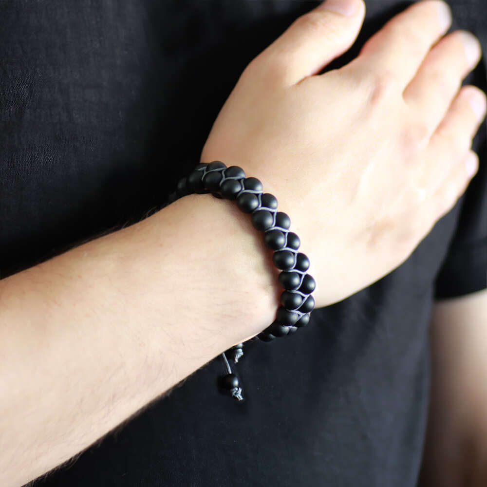 Gri Makrome Örgülü Küre Kesim Çift Sıralı Oniks Doğaltaş Bileklik - 2