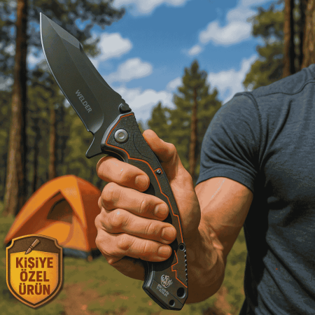 Gri - Siyah Fiber Saplı İsme Özel Yazılı 9Cr18MoV Kalite Paslanmaz Çelik Avcı ve Kamp Bıçağı - Tesbihane