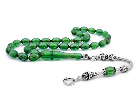 Gümüş Ayyıldız Püsküllü Yeşil Sıkma Kehribar Tesbih - Tesbihane