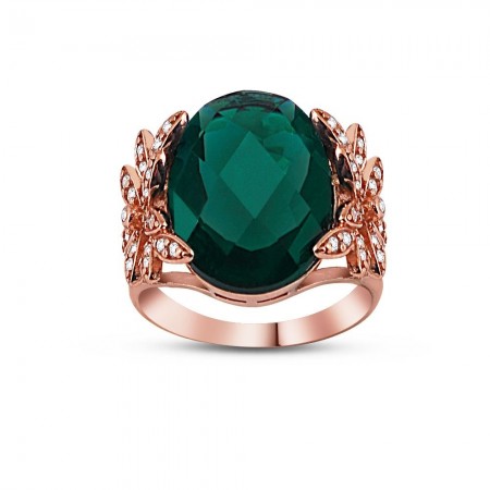 Gümüş Çiçekli Zümrüt Renk Yüzük - Tesbihane