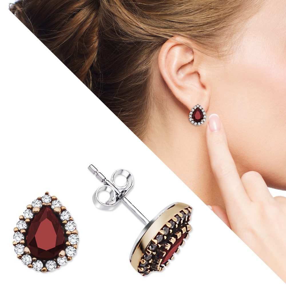 Kırmızı Zirkon Taşlı Damla Tasarım 925 Ayar Gümüş Küpe - 1