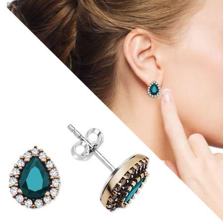 Turkuaz Zirkon Taşlı Damla Tasarım 925 Ayar Gümüş Küpe - Tesbihane