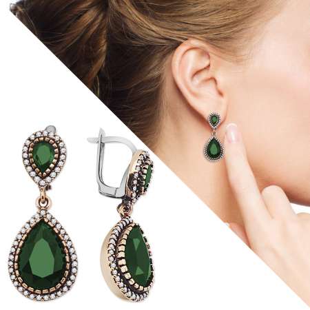 Yeşil Zirkon Taşlı Çift Damla Tasarım 925 Ayar Gümüş Otantik Küpe - Tesbihane