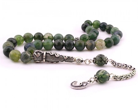 925 Ayar Gümüş Arnavut Püsküllü Küre Kesim Yosun Akik Doğaltaş Tesbih - Tesbihane