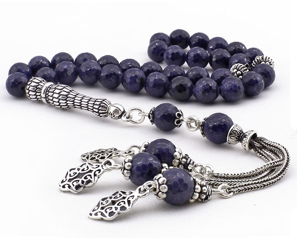 Gümüş Dizayn Fasetalı Safir Doğaltaş Tesbih - 3