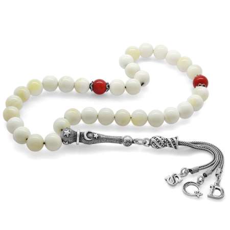 925 Ayar Gümüş Püsküllü Küre Kesim Harf Hediyeli Sedef Mercan Doğaltaş Tesbih - Tesbihane