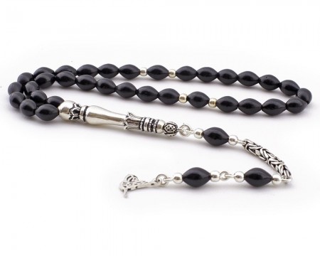 925 Ayar Gümüş Kral Püsküllü Arpa Kesim Siyah Kuka Tesbih - Tesbihane