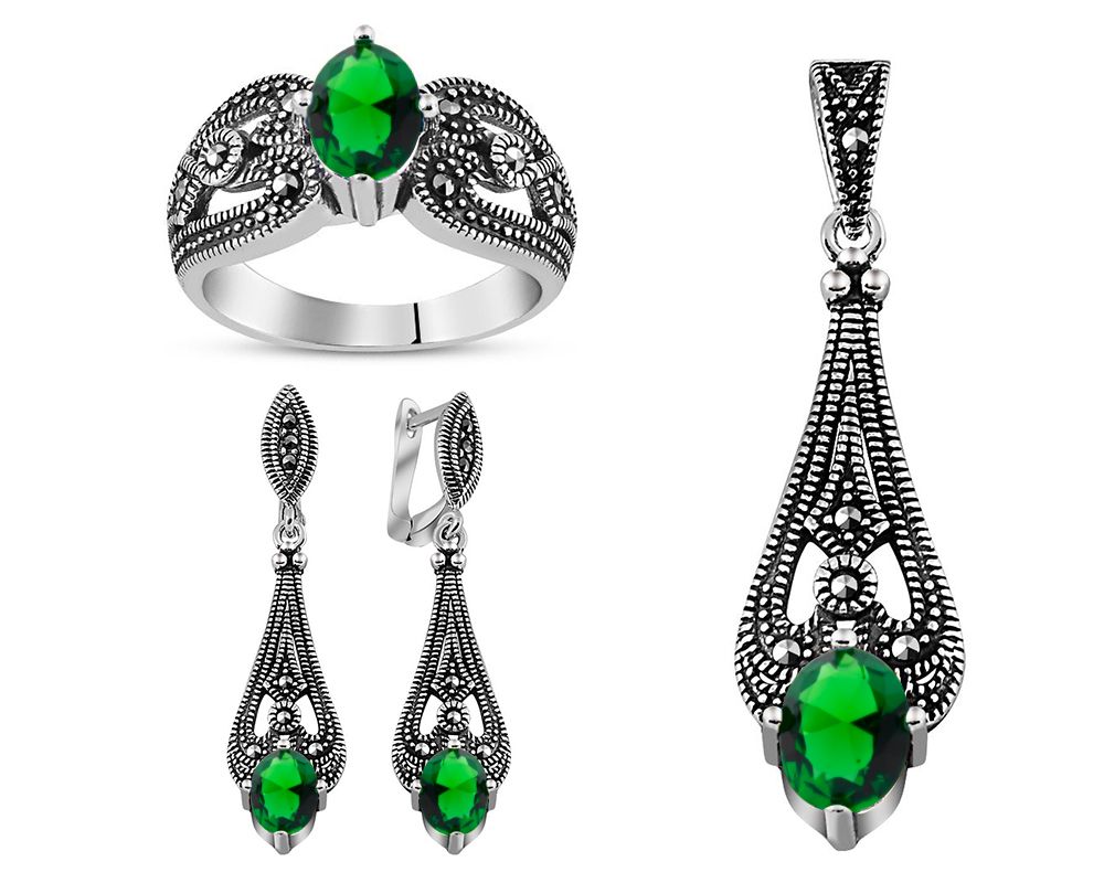 Yeşil Green Glass Taşlı 925 Ayar Gümüş 3 lü Takı Seti - 2