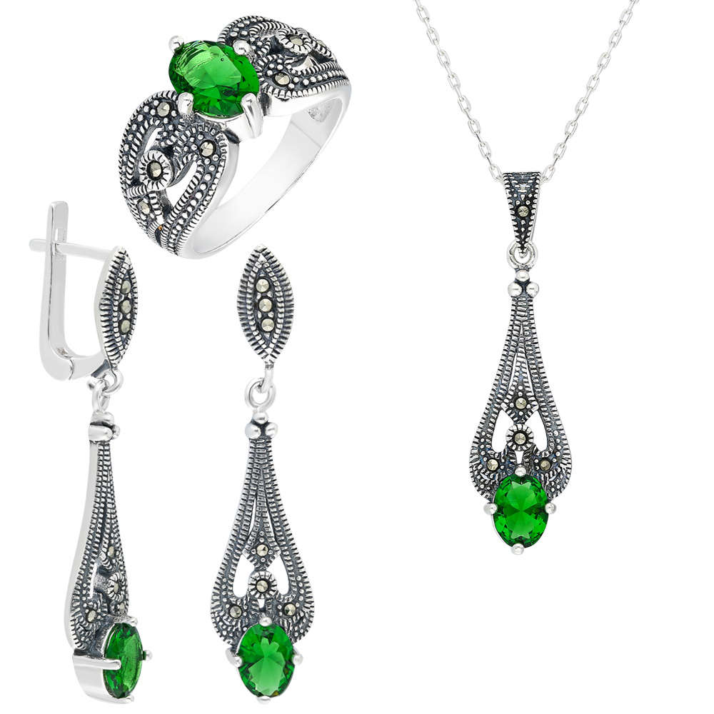 Yeşil Green Glass Taşlı 925 Ayar Gümüş 3 lü Takı Seti - 3