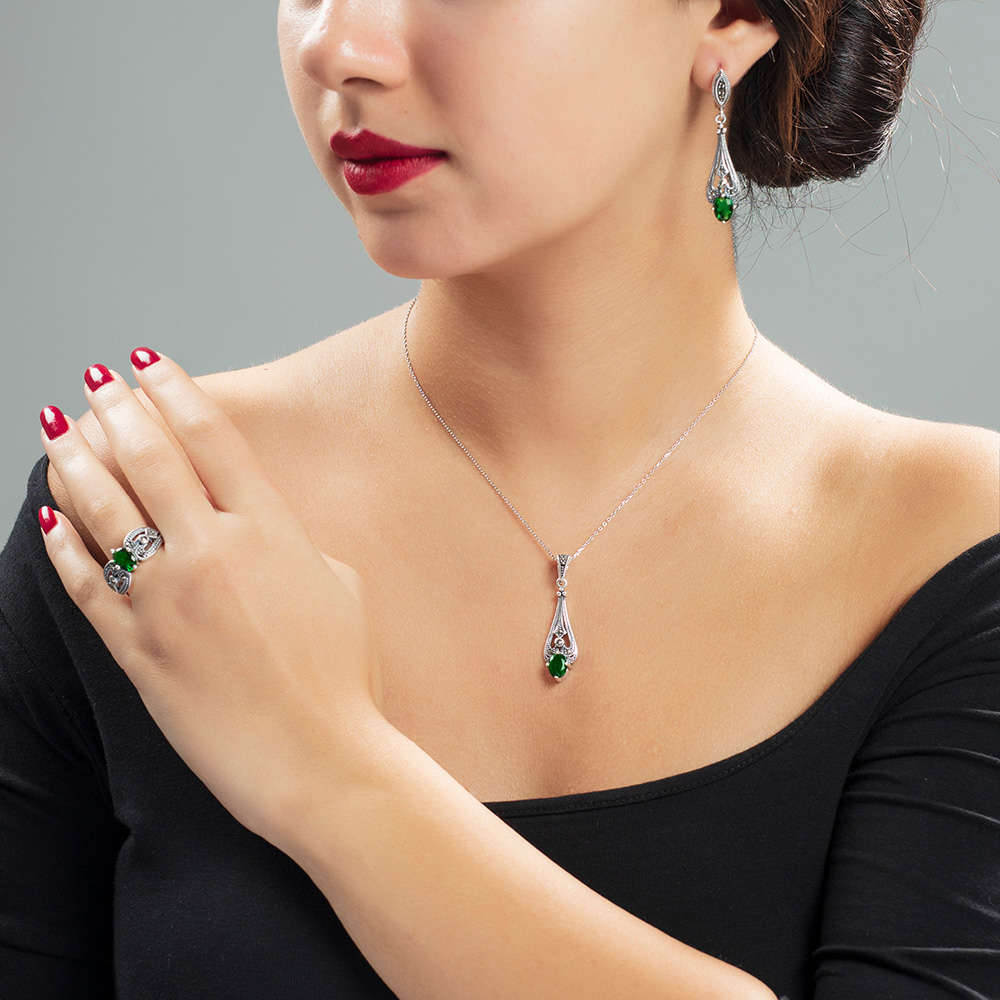 Yeşil Green Glass Taşlı 925 Ayar Gümüş 3 lü Takı Seti - 1