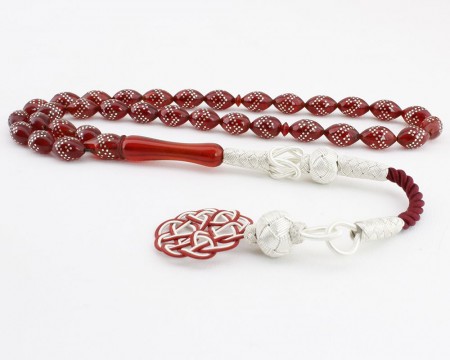 Gümüş İşlemeli Kazaz Püsküllü Kırmızı Sıkma Kehribar Tesbih (ELQRAGR9) - Tesbihane