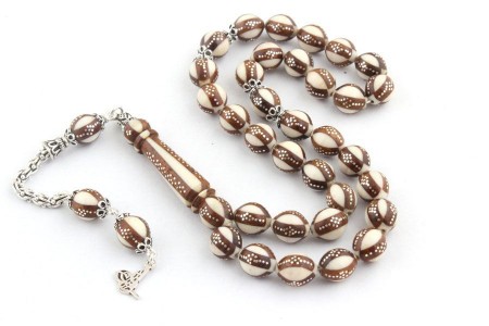 Gümüş İşlemeli Özel Yapım Fildişi Üzerine Gül Ağacı Tesbih - Tesbihane