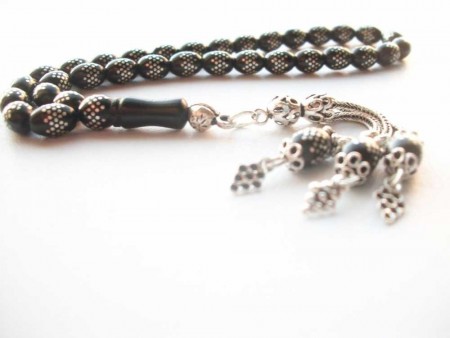 Gümüş İşlemeli Özel Yapım Oltu Tesbih (ÖZEL MODEL 3) - Tesbihane