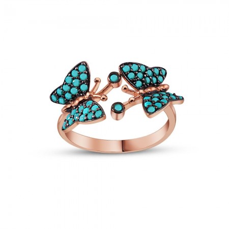 Gümüş Kelebek Tasarım Turkuaz Taşlı Yüzük - Tesbihane