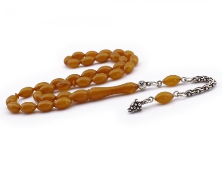 Gümüş Kozalak Püsküllü Bal Rengi Sıkma Kehribar Tesbih - Tesbihane