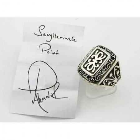 Gümüş Kurtlar Vadisi Yüzüğü ve Desenli Gümüş Kol Düğmesi Kombini - Tesbihane