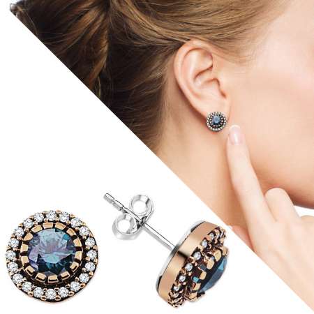 Mavi Zirkon Taşlı Yuvarlak Tasarım 925 Ayar Gümüş Küpe - Tesbihane