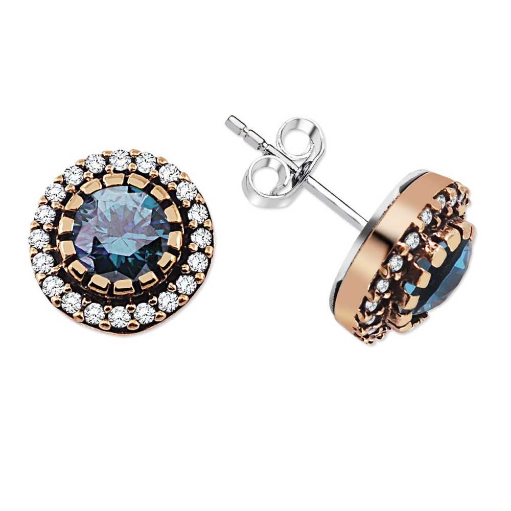 Mavi Zirkon Taşlı Yuvarlak Tasarım 925 Ayar Gümüş Küpe - 2