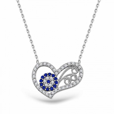 Gümüş Nazar Boncuklu Kalp Kolye - Tesbihane