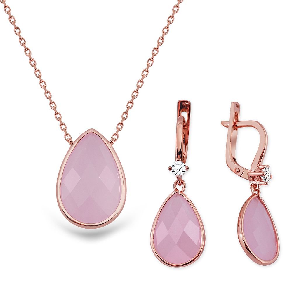Gümüş Pembe Taşlı Kolye Küpe Seti - 1