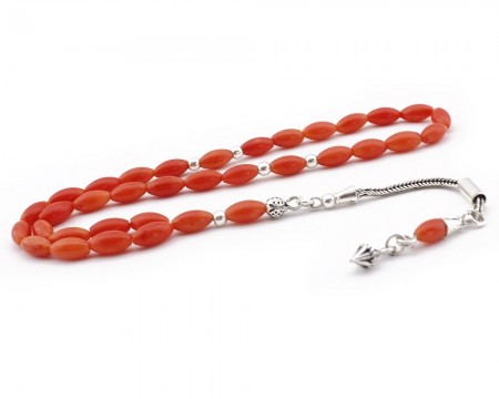 Gümüş Püsküllü İnce Arpa Kesim Mercan Doğaltaş Tesbih - Tesbihane