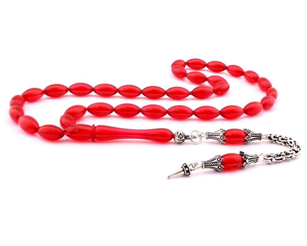Gümüş Püsküllü Kırmızı Sıkma Kehribar Tesbih (Model-2) - 1