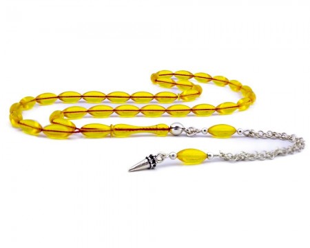 Gümüş Püsküllü Sarı Alman Zarı Kehribar Tesbih - Tesbihane