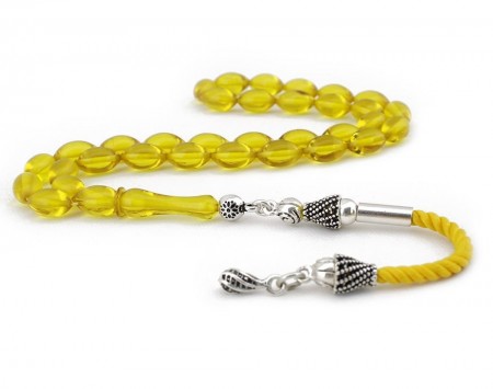 Gümüş Püsküllü Sarı Şeffaf Sıkma Kehribar Tesbih - Tesbihane