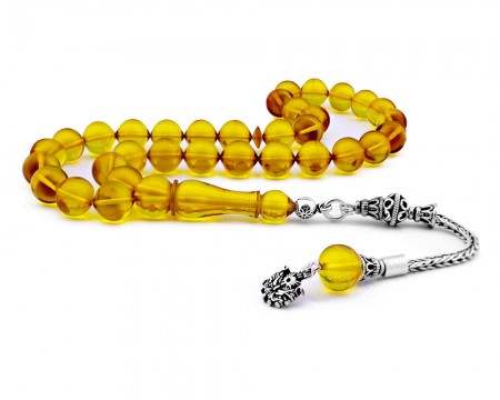 Gümüş Püsküllü Sarı Sıkma Kehribar Tesbih - Tesbihane