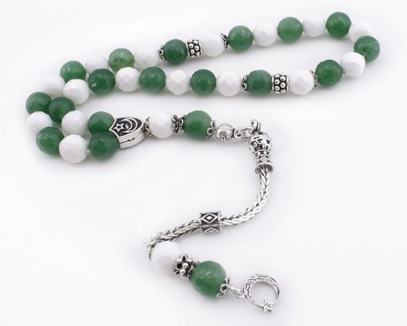 Gümüş Püsküllü Yeşil Beyaz Doğaltaş Taraftar Tesbihi - Tesbihane