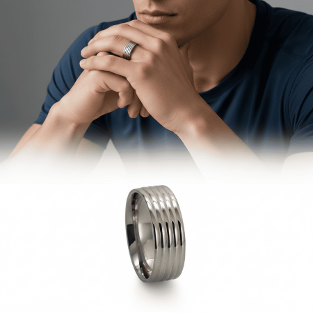 Gümüş Renk Beş Sıra Tasarım 316L Kalite Paslanmaz Çelik Erkek Yüzük Alyans - 21 Ölçü - Tesbihane