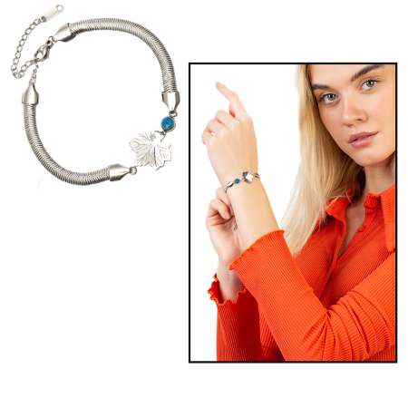 Gümüş Renk Kararmaz Metal Snake Zincirli Çınar Yaprağı Tasarım Nazar Boncuğu Detaylı Kadın Bileklik - Tesbihane